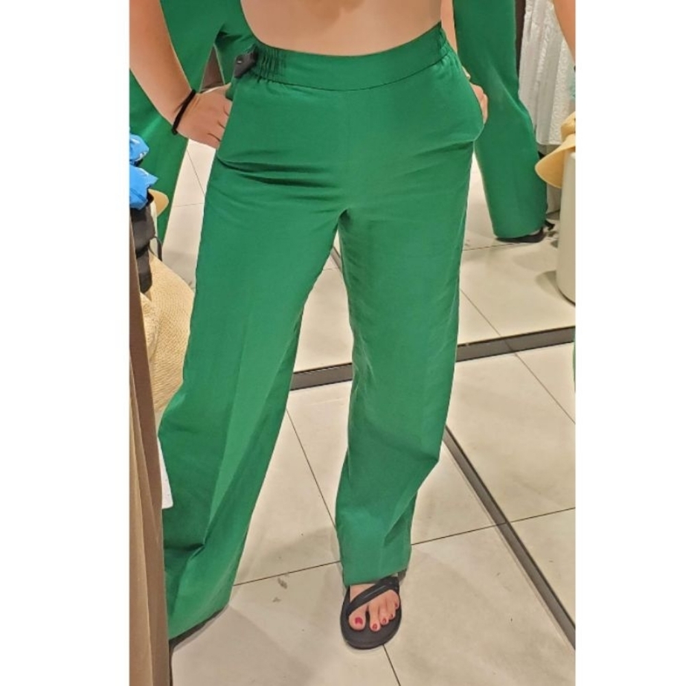 Zara Green Wide Leg, Linen-Blend, Pull-on Pants - NWT, Size M